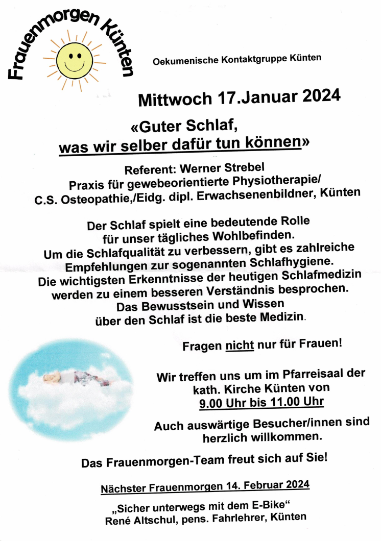 Einladung Referat Schlafhygiene Schlafmedizizin Werner Strebel Jan 2024